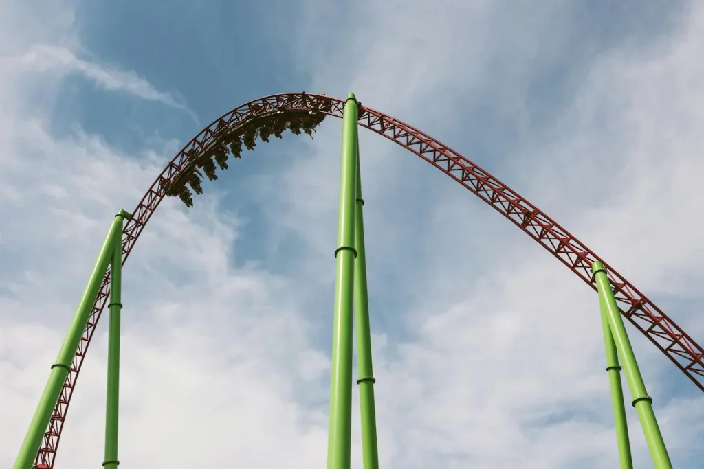 The Incredible Hulk roller coaster at Universal Orlando racing along the track